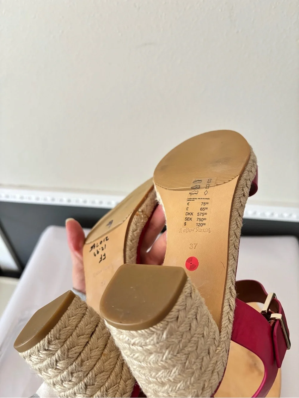 NEW & Other Stories Fuchsia Leather Espadrille Jute Block Heel Sandals Size 7